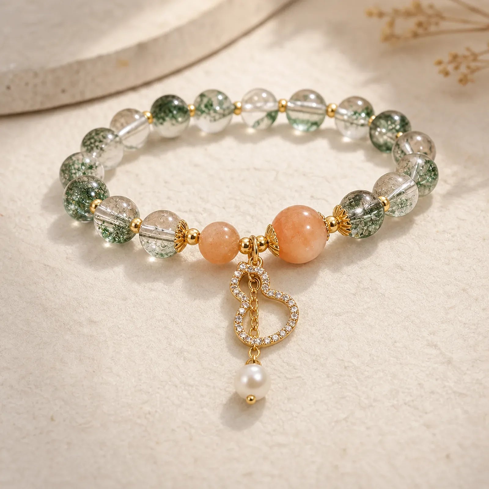 Green Phantom Gourd Charm Confidence Bracelet featuring Green Phantom, Clear Quartz / White Crystal, Red Phantom
