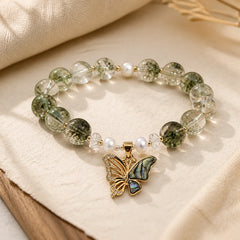 Green Phantom Pearl Accent Butterfly Growth Beaded Bracelet featuring Green Phantom, Pearl, Butterfly