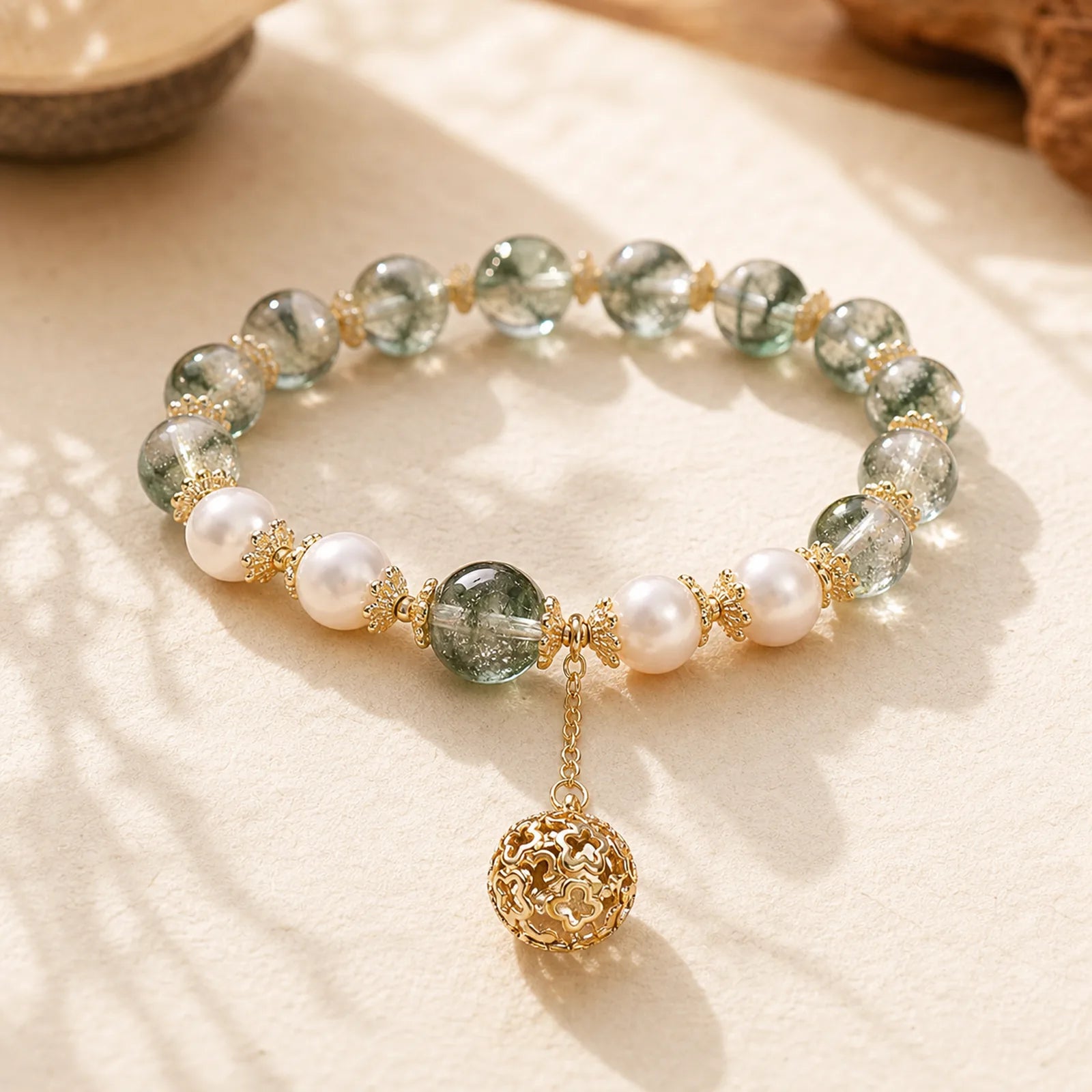 Green Phantom Pearl Self-acceptance Charm Bracelet featuring Green Phantom, Pearl, Clear Quartz / White Crystal