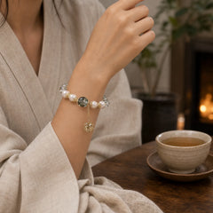 Green Phantom Pearl Self-acceptance Charm Bracelet featuring Green Phantom, Pearl, Clear Quartz / White Crystal
