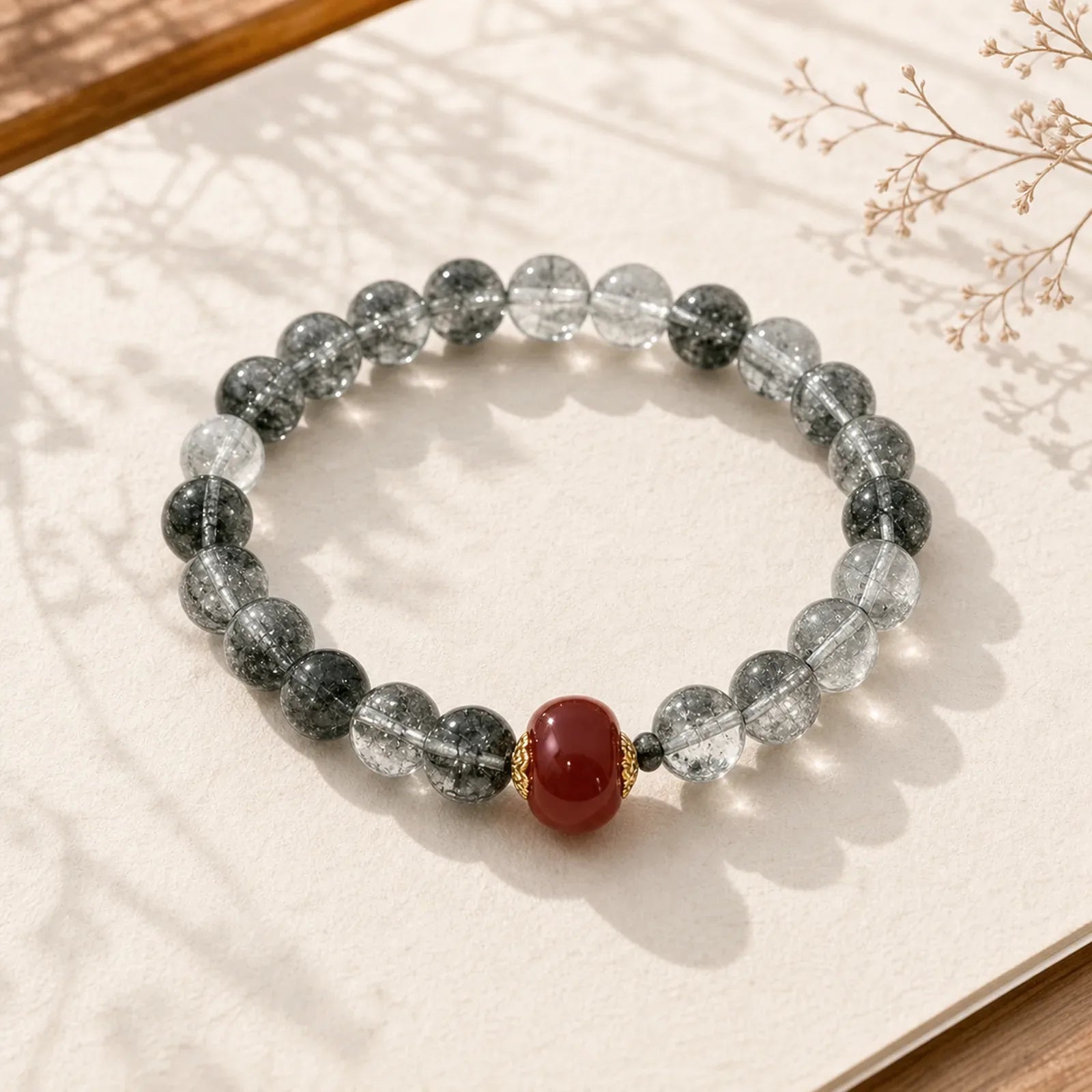Green Phantom Red Agate Positive Bracelet featuring Green Phantom, Red Agate, Clear Quartz / White Crystal
