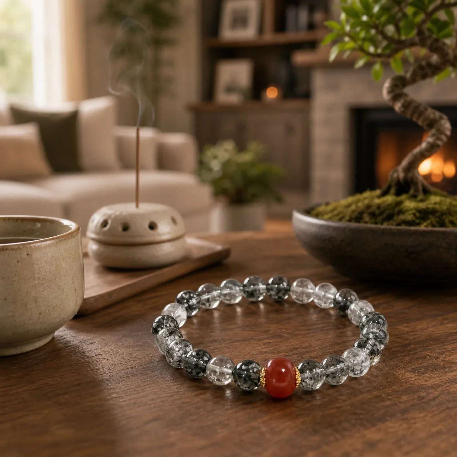 Green Phantom Red Agate Positive Bracelet featuring Green Phantom, Red Agate, Clear Quartz / White Crystal
