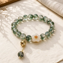 Green Phantom White Jade Flower Charm Wealth Bracelet featuring Green Phantom, White Jade, Jade