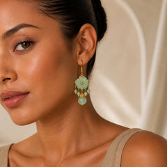 Green Pink Flower Liuli Glass Drop Earrings featuring Copper