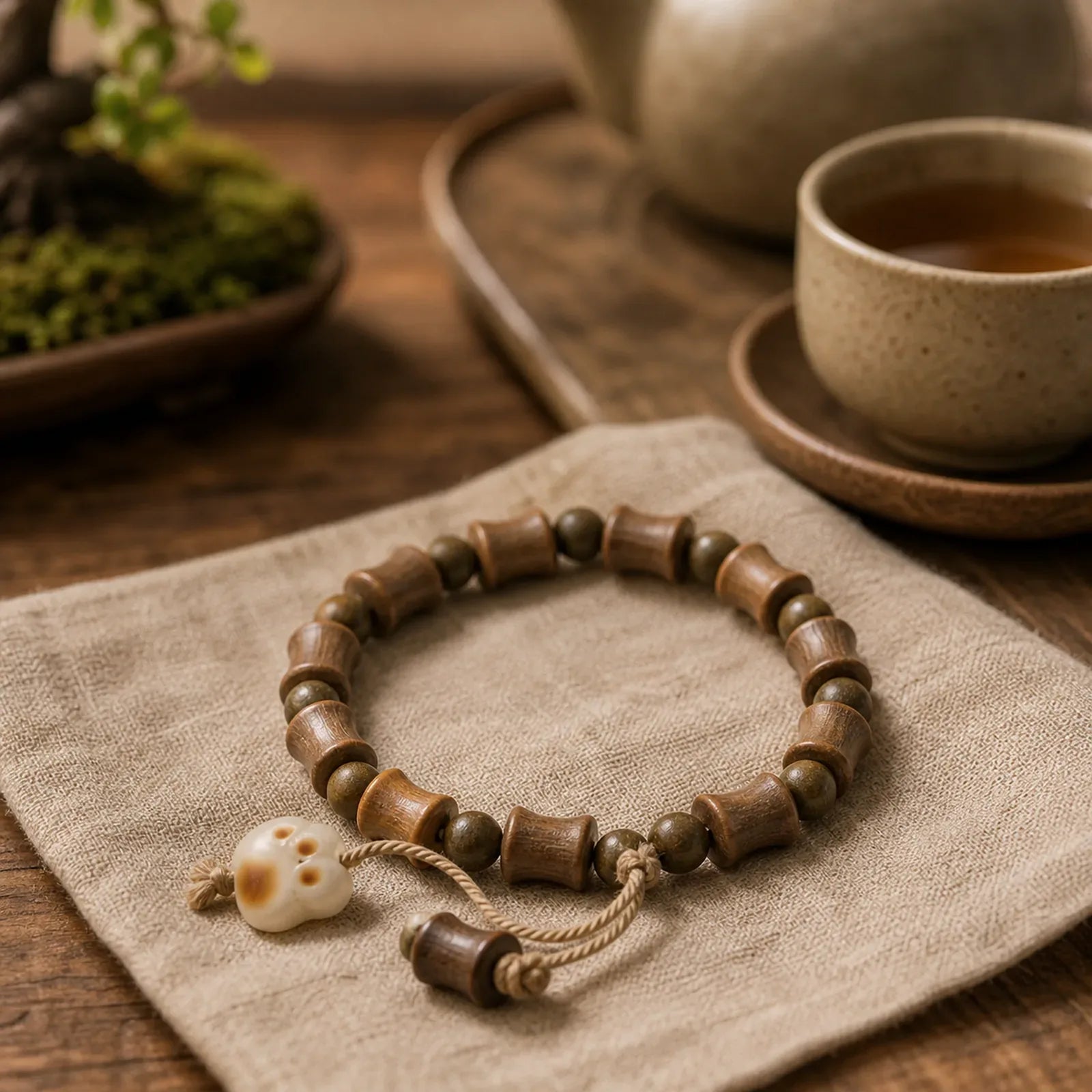 Green Sandalwood Bodhi Seed Cat Claw Bamboo Peace Bracelet featuring Green Sandalwood, Sandalwood, Bodhi Seed