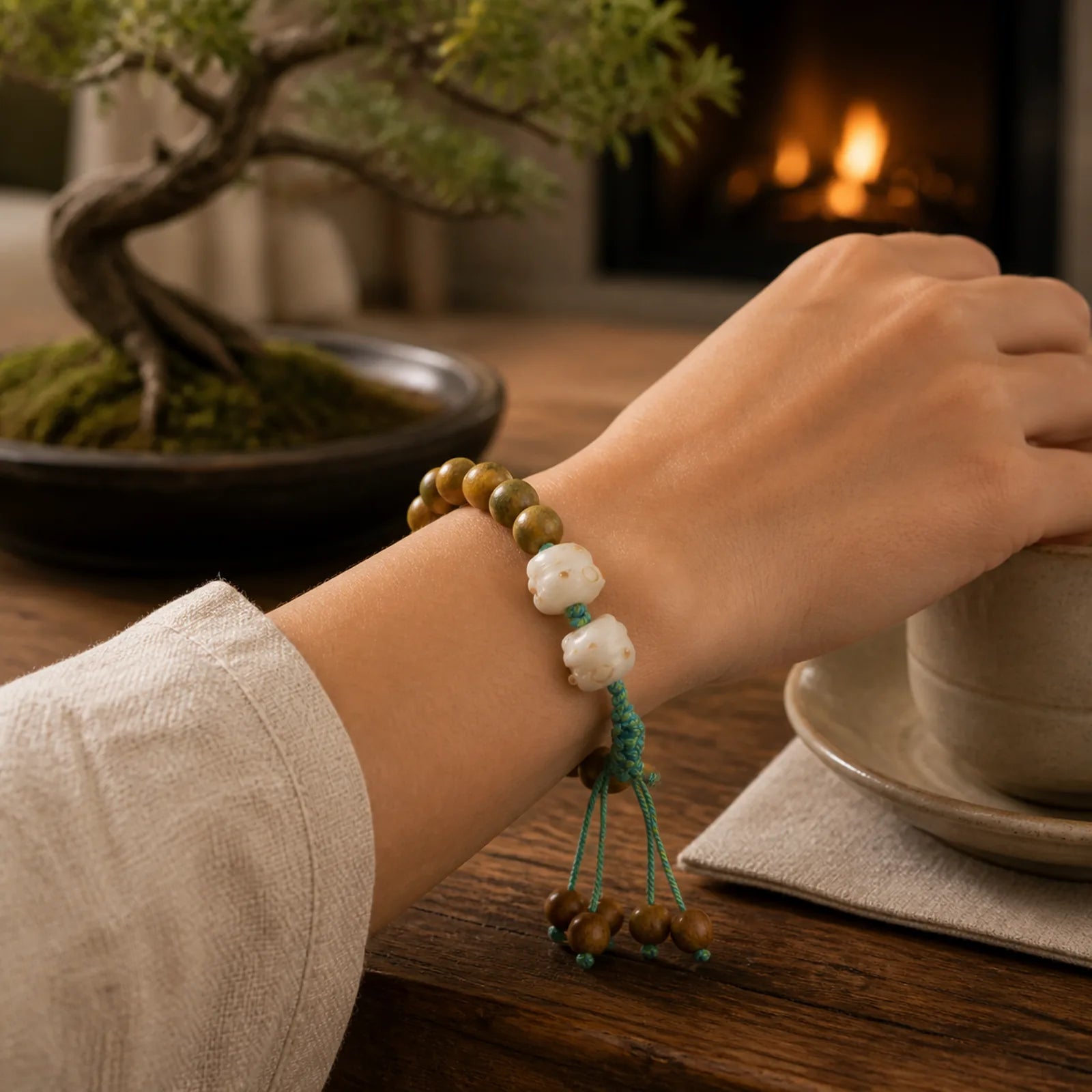 Green Sandalwood Bodhi Seed Lucky Cat Positive Bracelet featuring Green Sandalwood, Sandalwood, Bodhi Seed