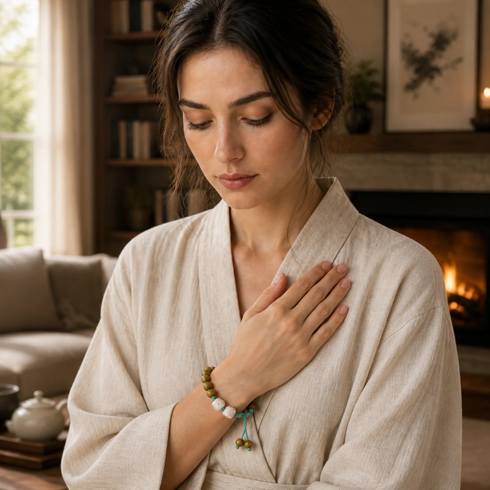 Green Sandalwood Bodhi Seed Lucky Cat Positive Bracelet featuring Green Sandalwood, Sandalwood, Bodhi Seed