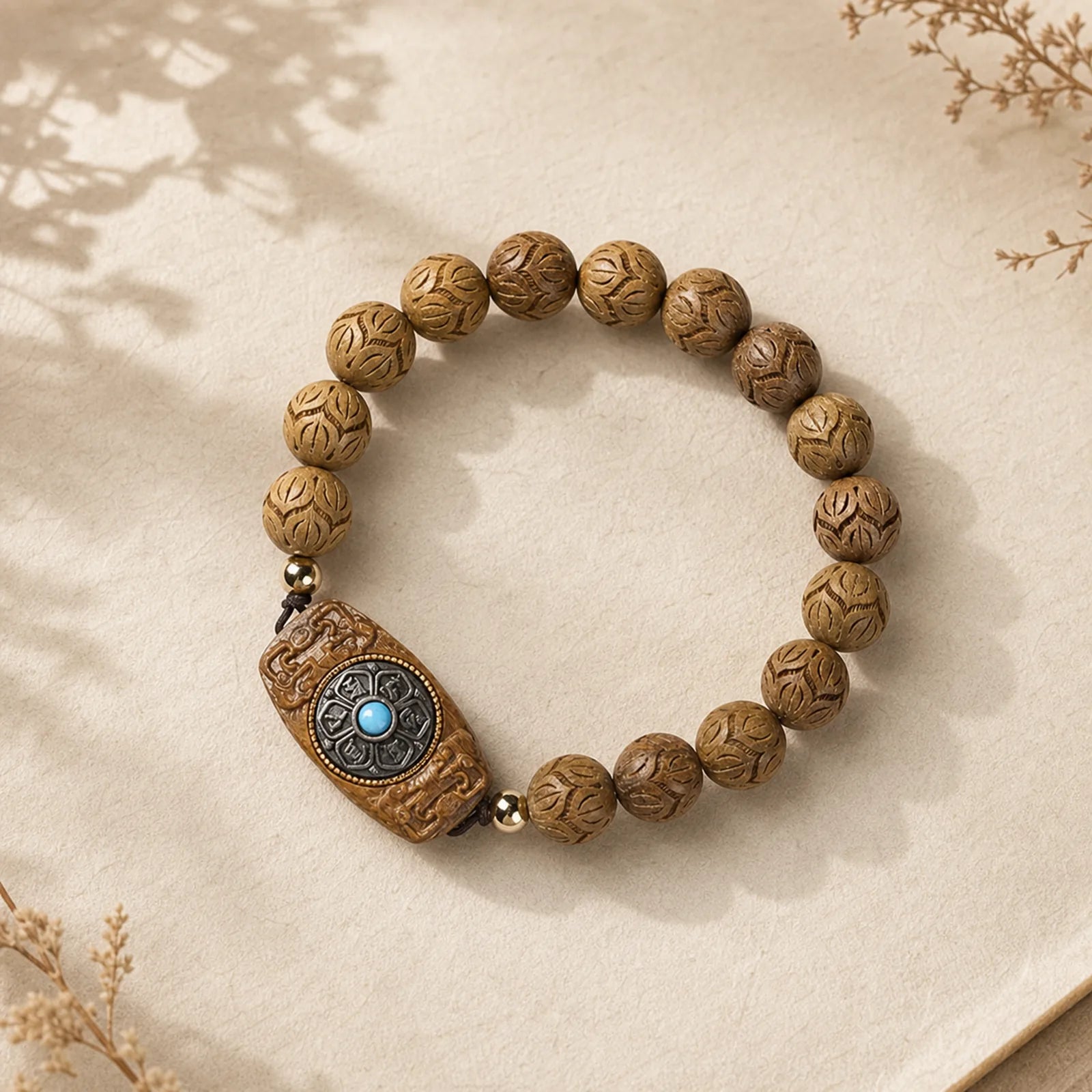 Green Sandalwood Ebony Wood Sandalwood Om Mani Padme Hum Soothing Bracelet featuring Green Sandalwood, Sandalwood, Ebony Wood