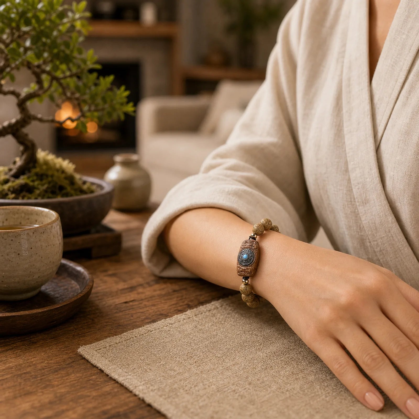 Green Sandalwood Ebony Wood Sandalwood Om Mani Padme Hum Soothing Bracelet featuring Green Sandalwood, Sandalwood, Ebony Wood