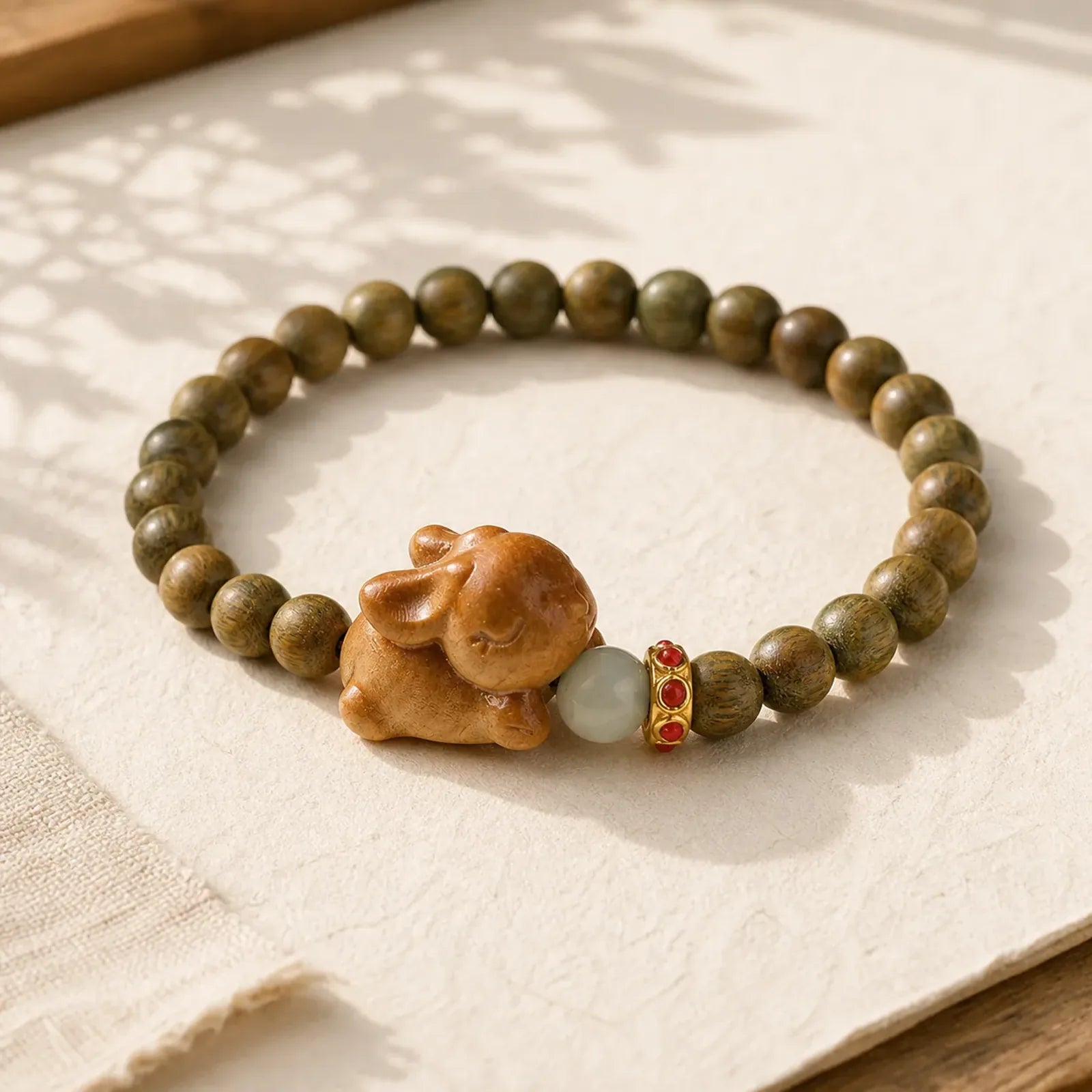 Green Sandalwood Gold Sandalwood Cute Rabbit Positive Bracelet featuring Green Sandalwood, Sandalwood