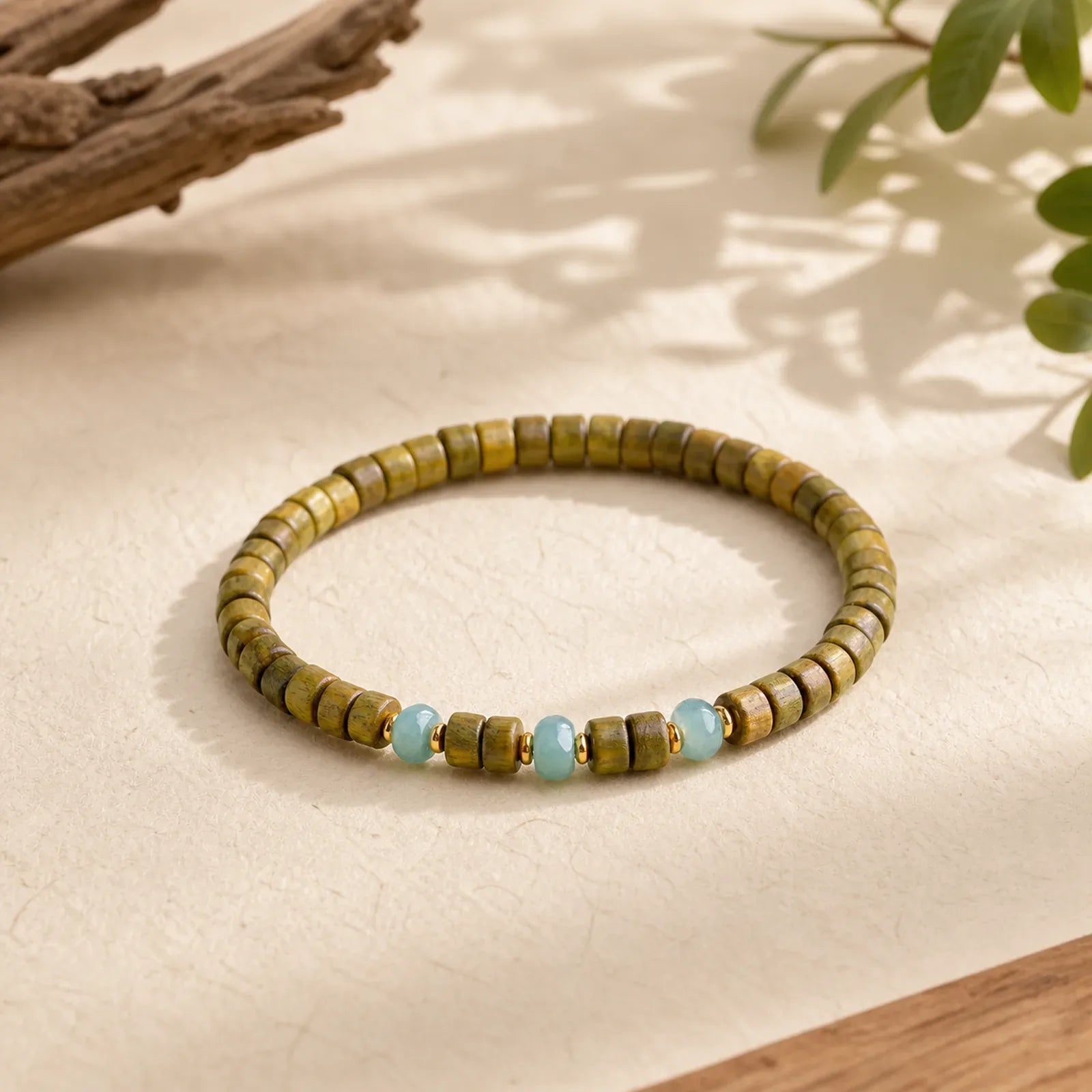 Green Sandalwood Serenity Jade Accent Barrel Bead Bracelet featuring Green Sandalwood, Sandalwood, Jade