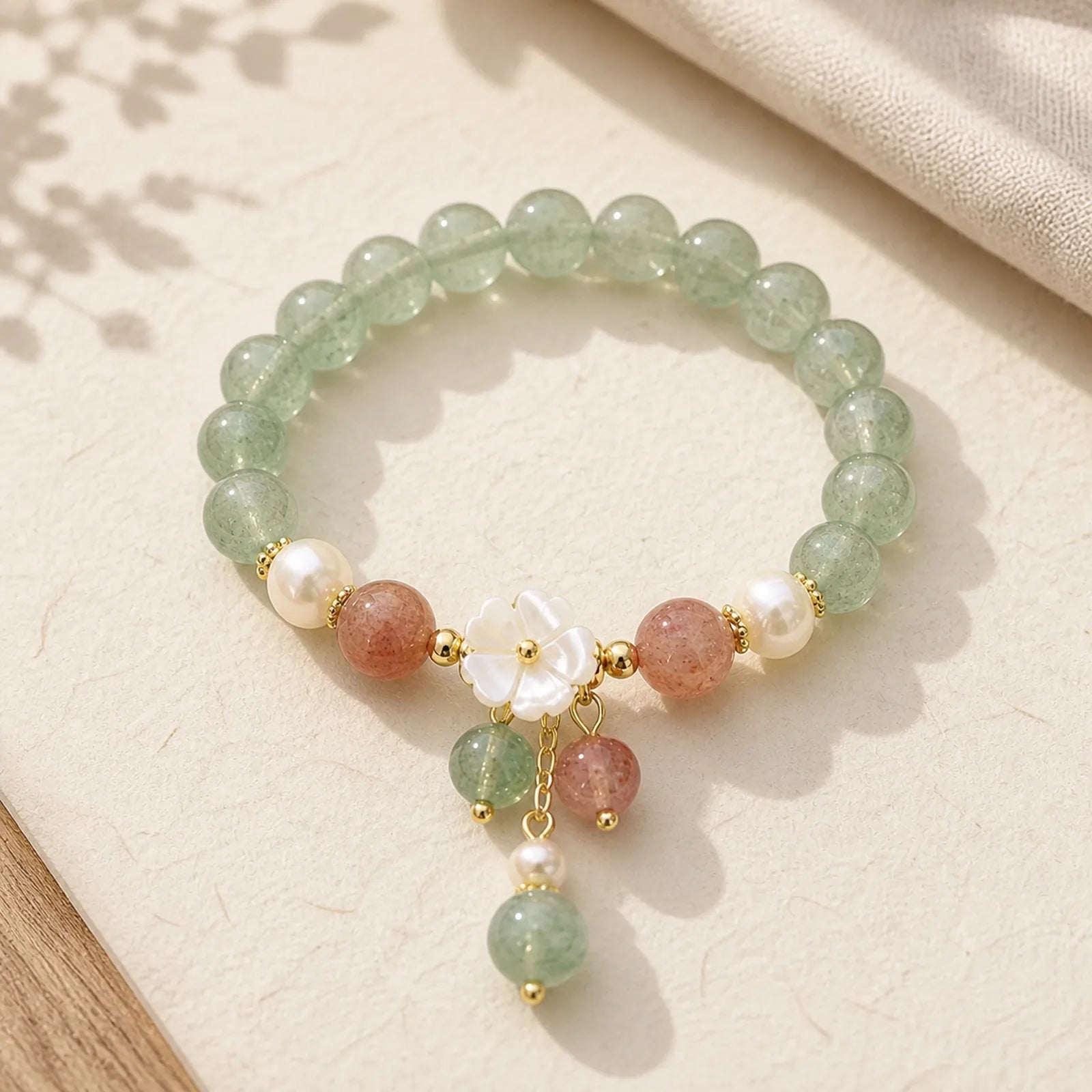 Green Strawberry Quartz Shell Peach Blossom Soothing Bracelet featuring Green Strawberry Quartz, Strawberry Quartz, Pearl
