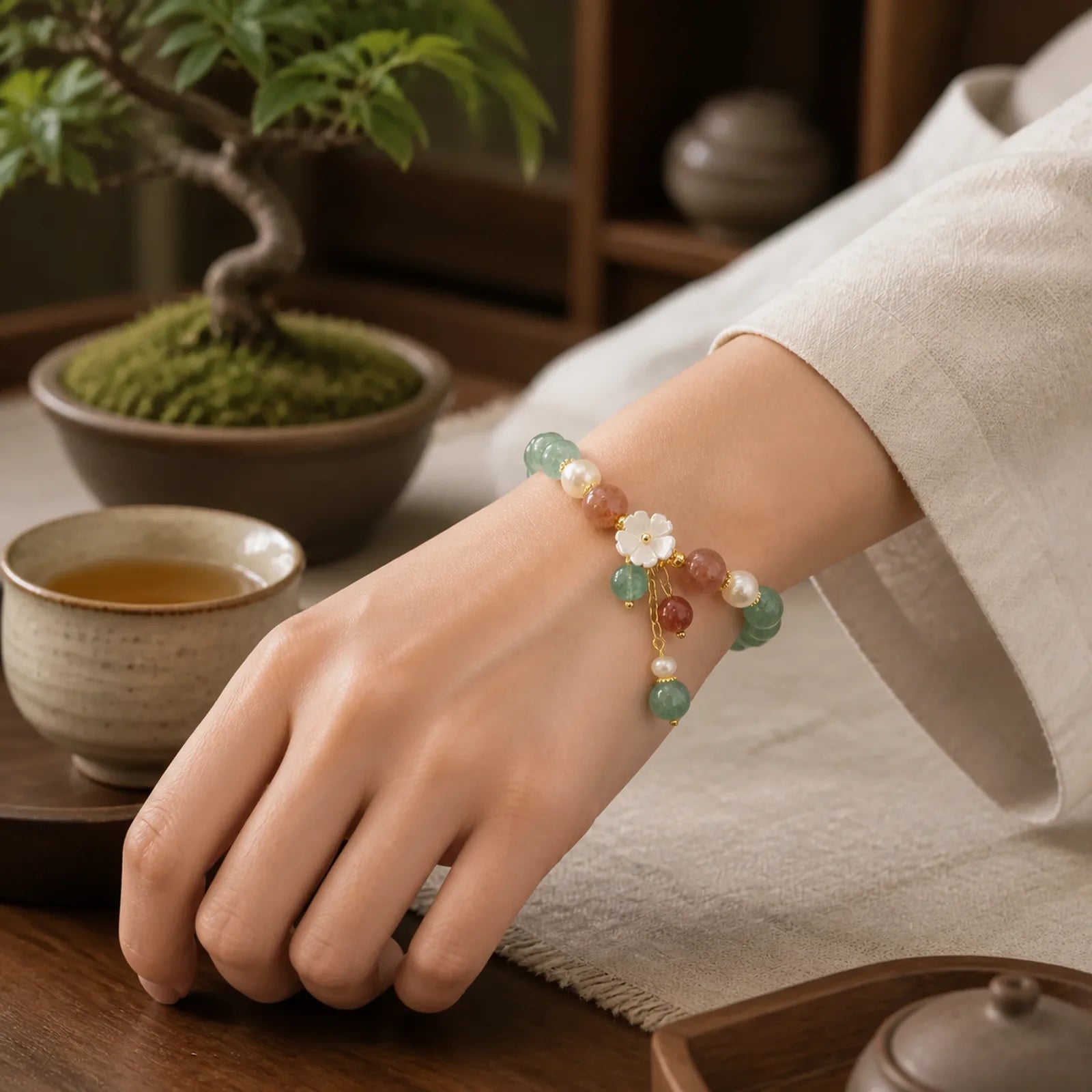 Green Strawberry Quartz Shell Peach Blossom Soothing Bracelet featuring Green Strawberry Quartz, Strawberry Quartz, Pearl