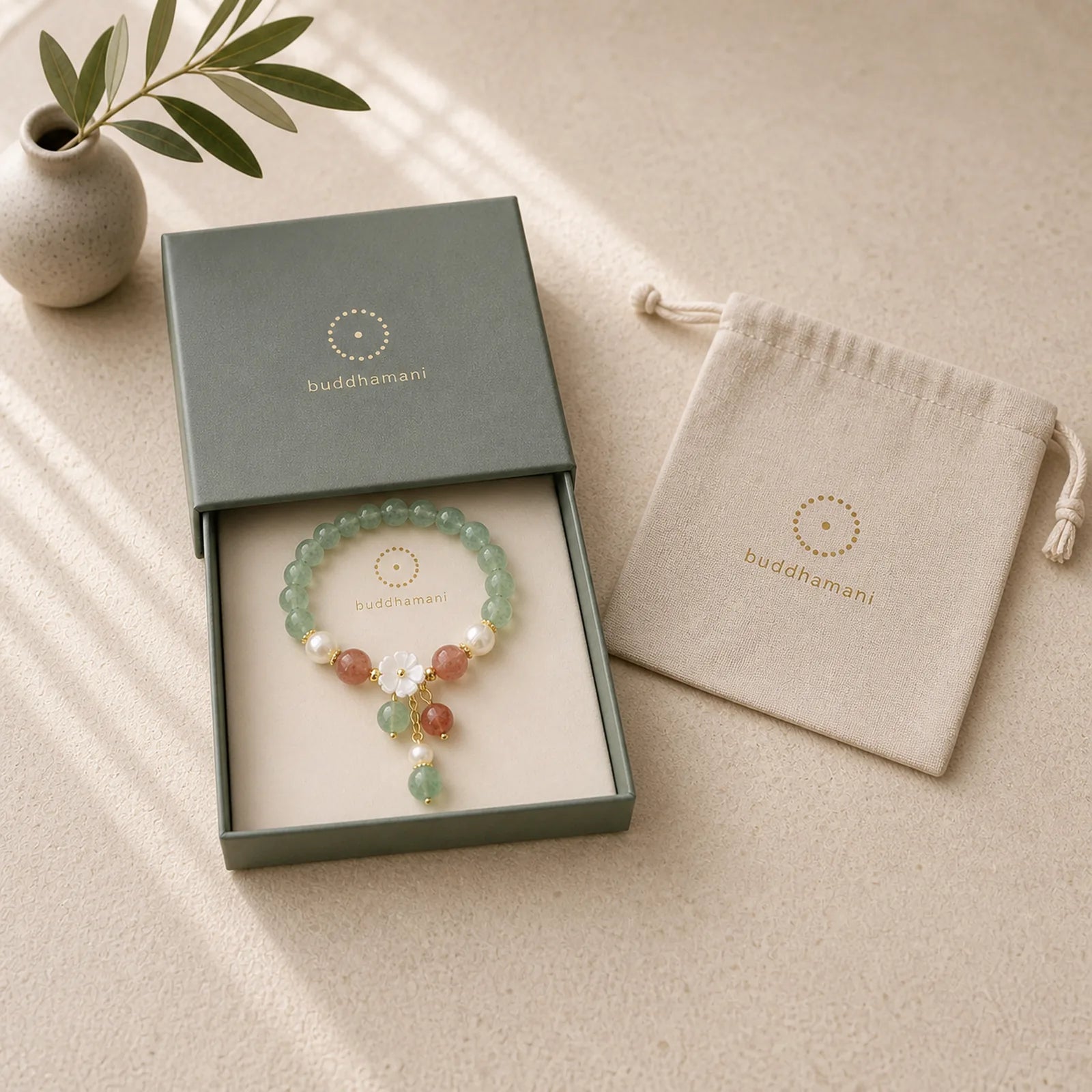 Green Strawberry Quartz Shell Peach Blossom Soothing Bracelet featuring Green Strawberry Quartz, Strawberry Quartz, Pearl
