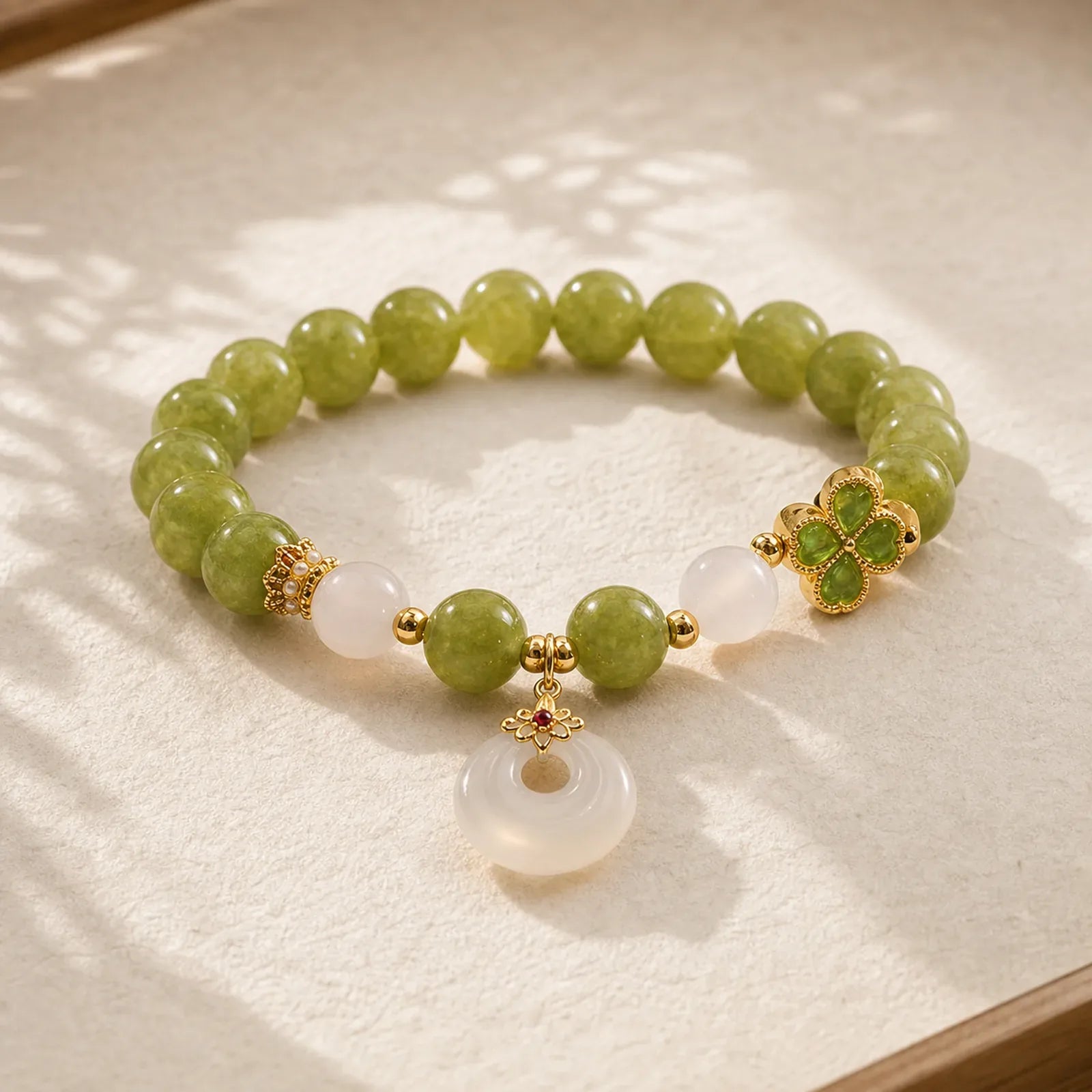 Green Tourmaline Chalcedony Four Leaf Clover Peace Buckle Charm Wisdom Bracelet featuring Tourmaline, Chalcedony, Peace Buckle