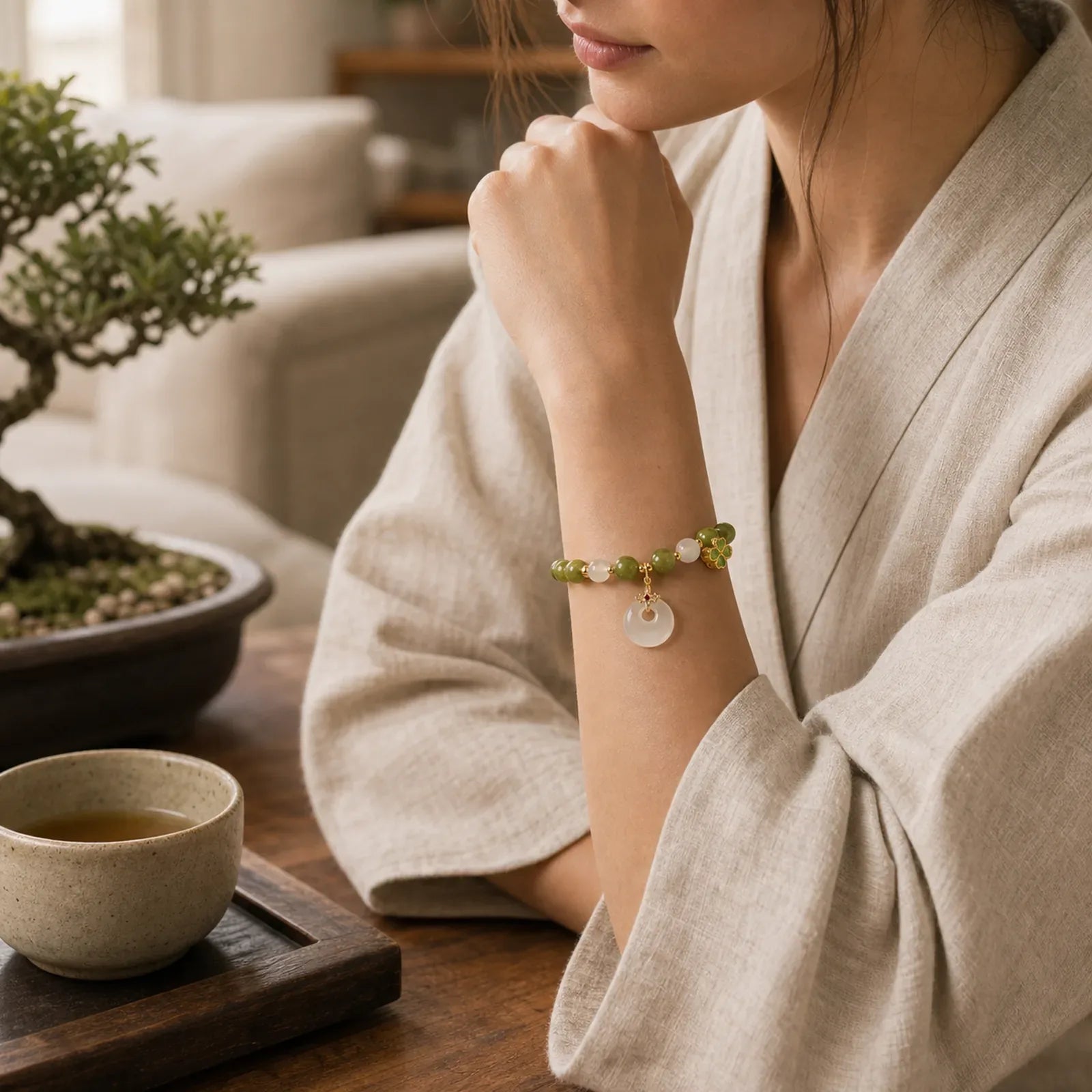 Green Tourmaline Chalcedony Four Leaf Clover Peace Buckle Charm Wisdom Bracelet featuring Tourmaline, Chalcedony, Peace Buckle