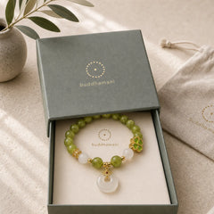 Green Tourmaline Chalcedony Four Leaf Clover Peace Buckle Charm Wisdom Bracelet featuring Tourmaline, Chalcedony, Peace Buckle