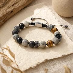 Grey Jasper Lava Rock Silver Sheen Obsidian Tiger Eye Healing Bracelet featuring Grey Jasper, Lava Rock, Silver