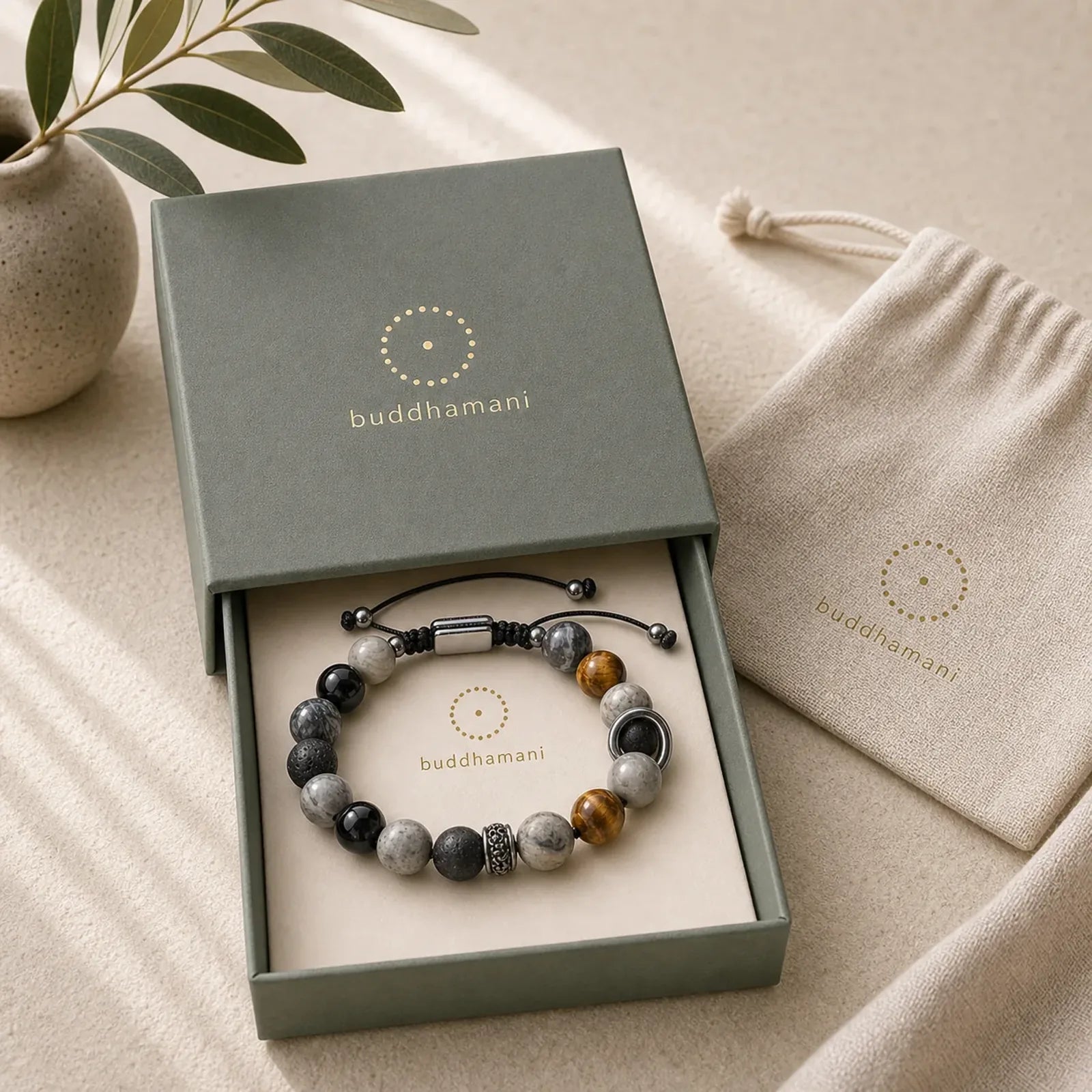 Grey Jasper Lava Rock Silver Sheen Obsidian Tiger Eye Healing Bracelet featuring Grey Jasper, Lava Rock, Silver