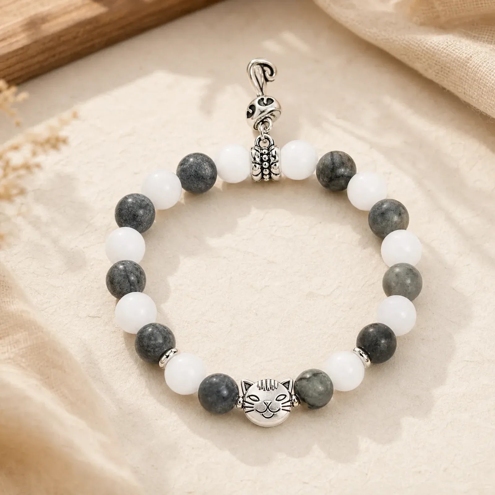 Grey Tabby Cat Natural Black Veined Jasper White Chalcedony Stability Bracelet featuring Black Veined Jasper, Chalcedony, Copper