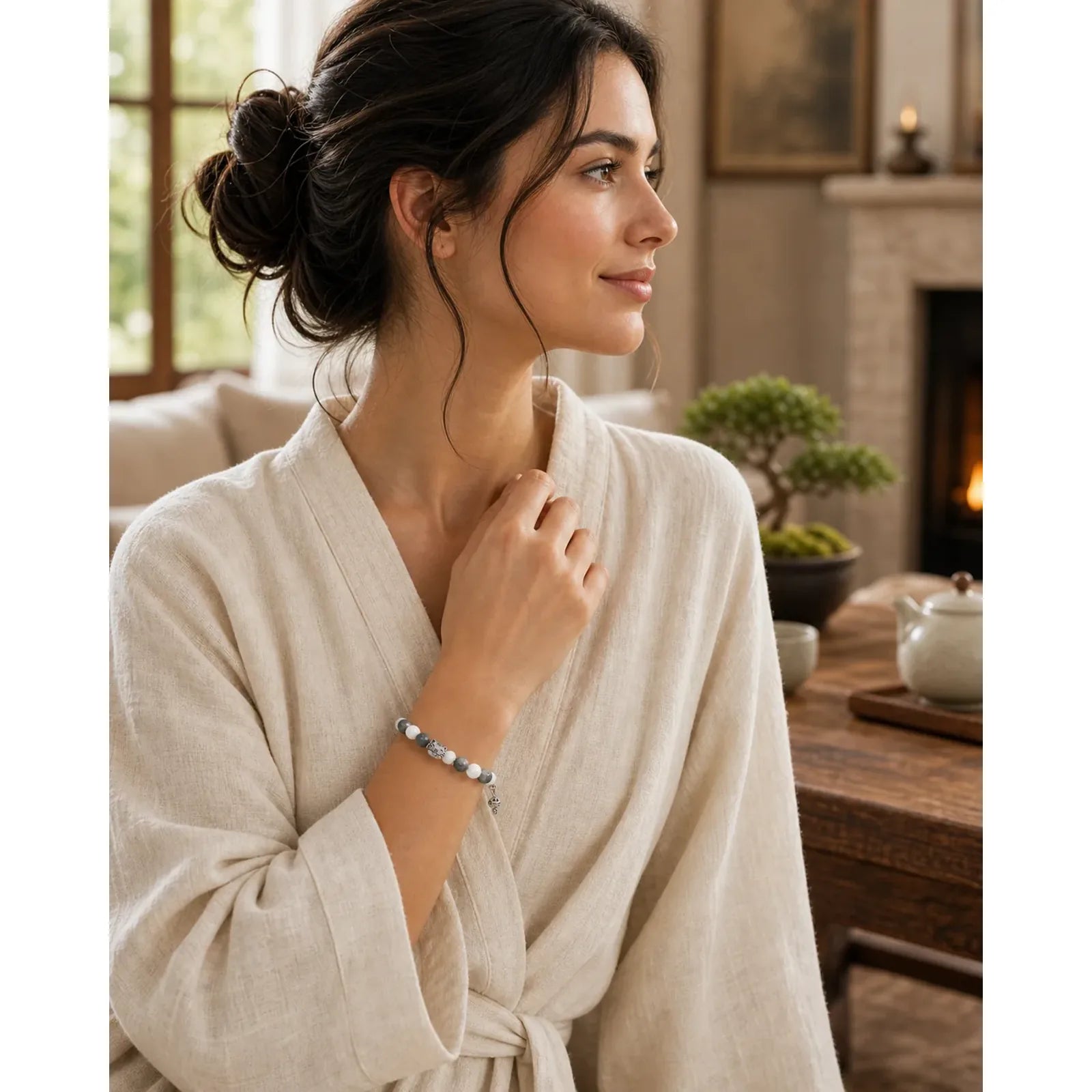 Grey Tabby Cat Natural Black Veined Jasper White Chalcedony Stability Bracelet featuring Black Veined Jasper, Chalcedony, Copper