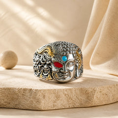 Half Demon Half Buddha Lotus Copper Serenity Adjustable Ring featuring Lotus, Copper, Buddha Symbol