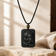 Half Demon Half Buddha Relief Design Black Obsidian Strength Necklace Pendant featuring Black Obsidian, Buddha Symbol