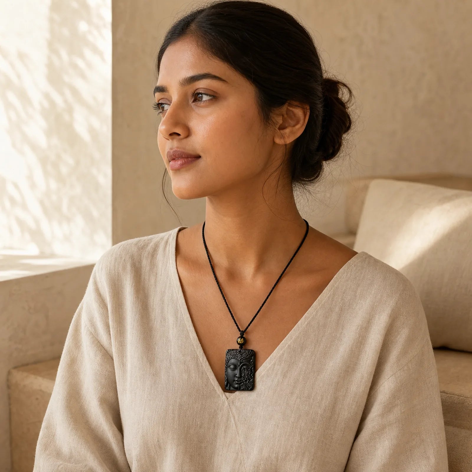 Half Demon Half Buddha Relief Design Black Obsidian Strength Necklace Pendant featuring Black Obsidian, Buddha Symbol