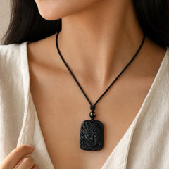 Half Demon Half Buddha Relief Design Black Obsidian Strength Necklace Pendant featuring Black Obsidian, Buddha Symbol