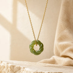 Hand Carved Hetian Jade Fried Dough Twists Blessing Vintage Necklace featuring Jade, Copper, Silver