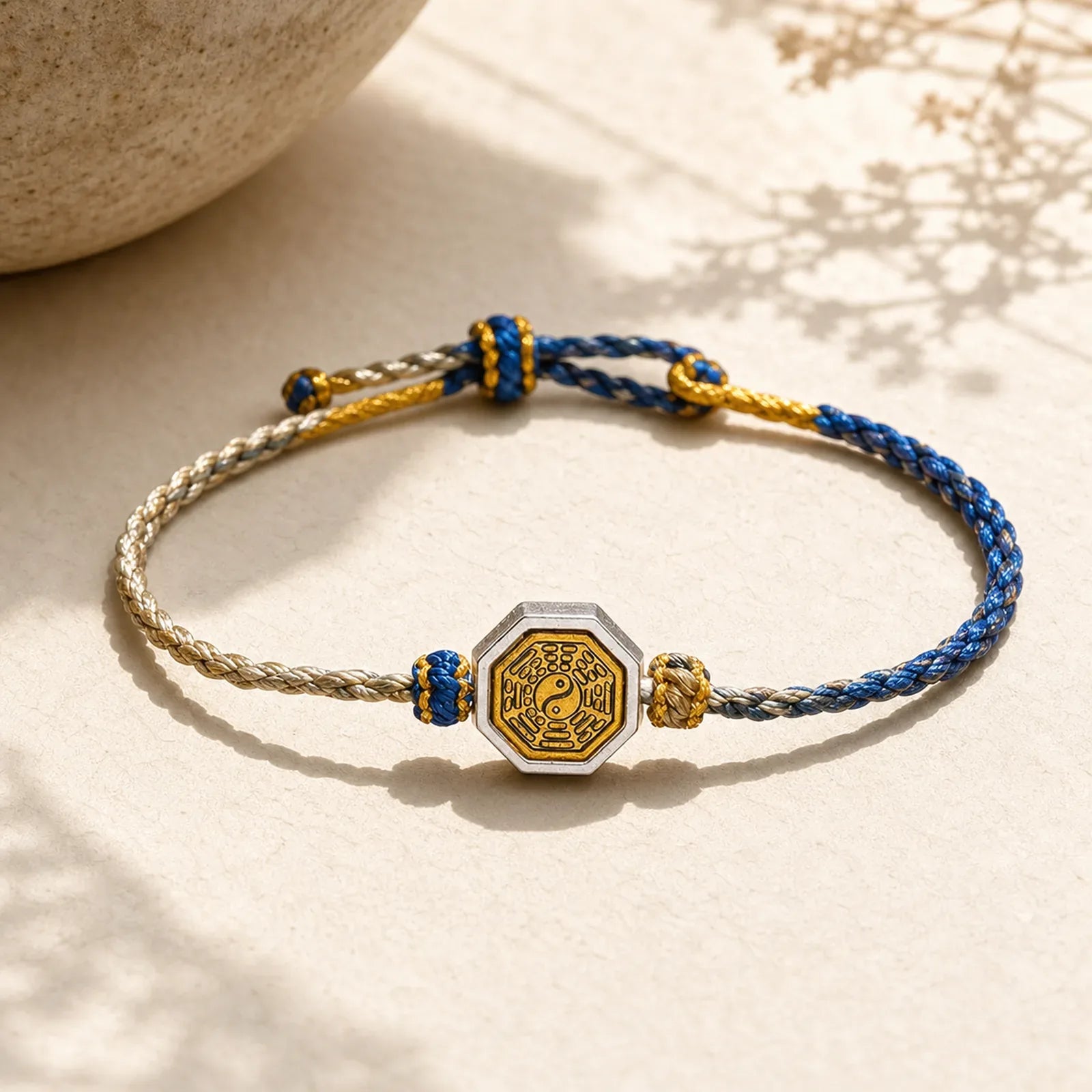 Hand-Woven Bagua Octagonal Spacer Balance String Lucky Adjustable Braided Cord Bracelet featuring Bagua, Red String, Copper