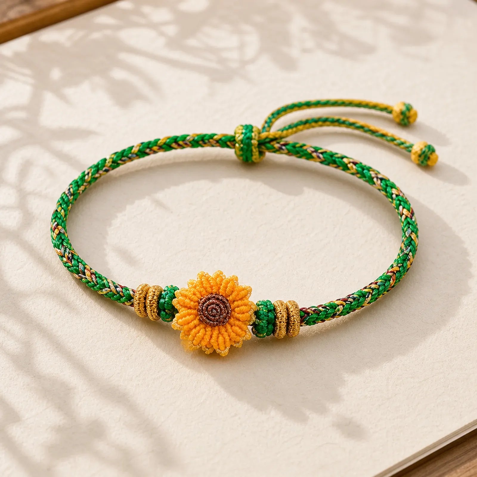 Hand-Woven Colorful Green Yellow String Sunflower Hope Bracelet featuring Red String