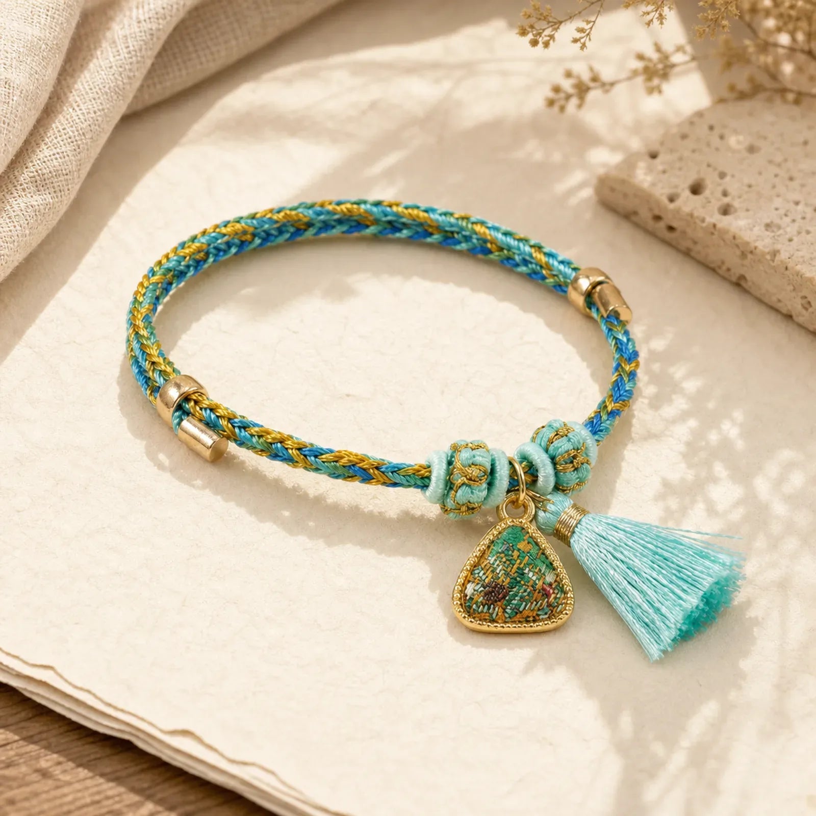 Hand-Woven Five-Color Cord Luck Green Song Brocade Zongzi Apple Money Bag Chinese Lock Charm Gourd Bracelet featuring Copper