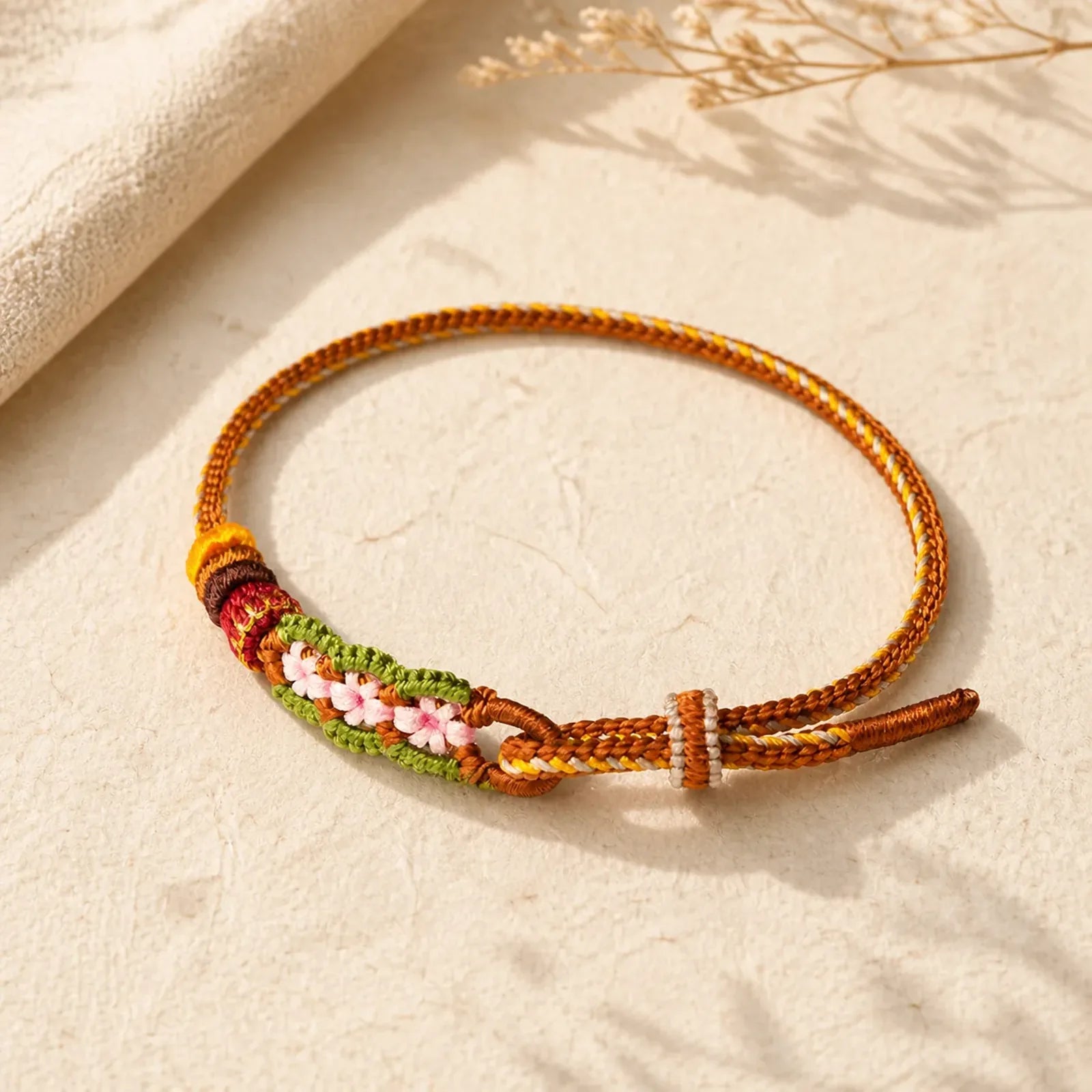 Hand-Woven Floral Chinese Knotting Fortune Adjustable Cord Bracelet featuring Chinese Knotting