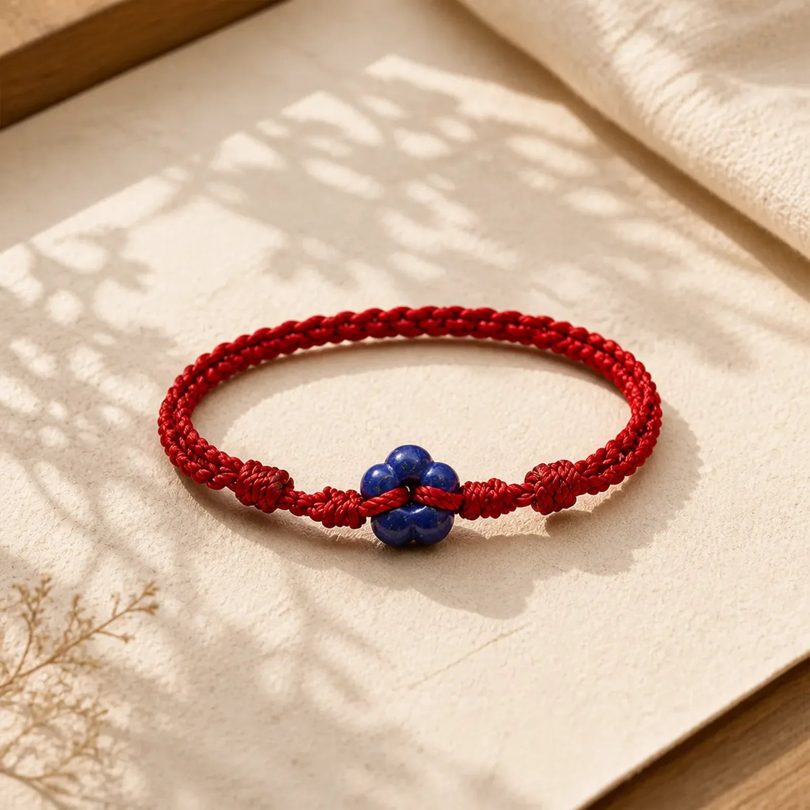 Hand-Woven Flower Lapis Lazuli Red String Luck Bracelet featuring Red String, Lapis Lazuli (Lazurite)