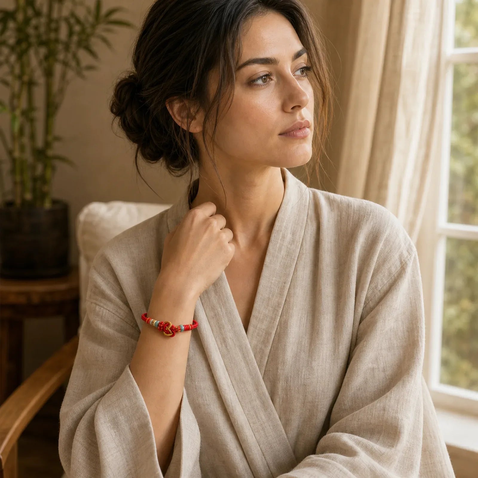 Hand-Woven Love Heart Knot Jade Luck Braided Cord Bracelet featuring Jade, Red String