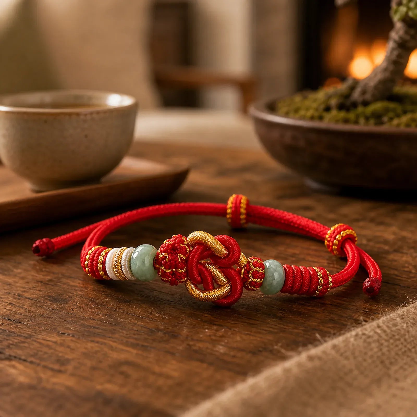 Hand-Woven Love Heart Knot Jade Luck Braided Cord Bracelet featuring Jade, Red String
