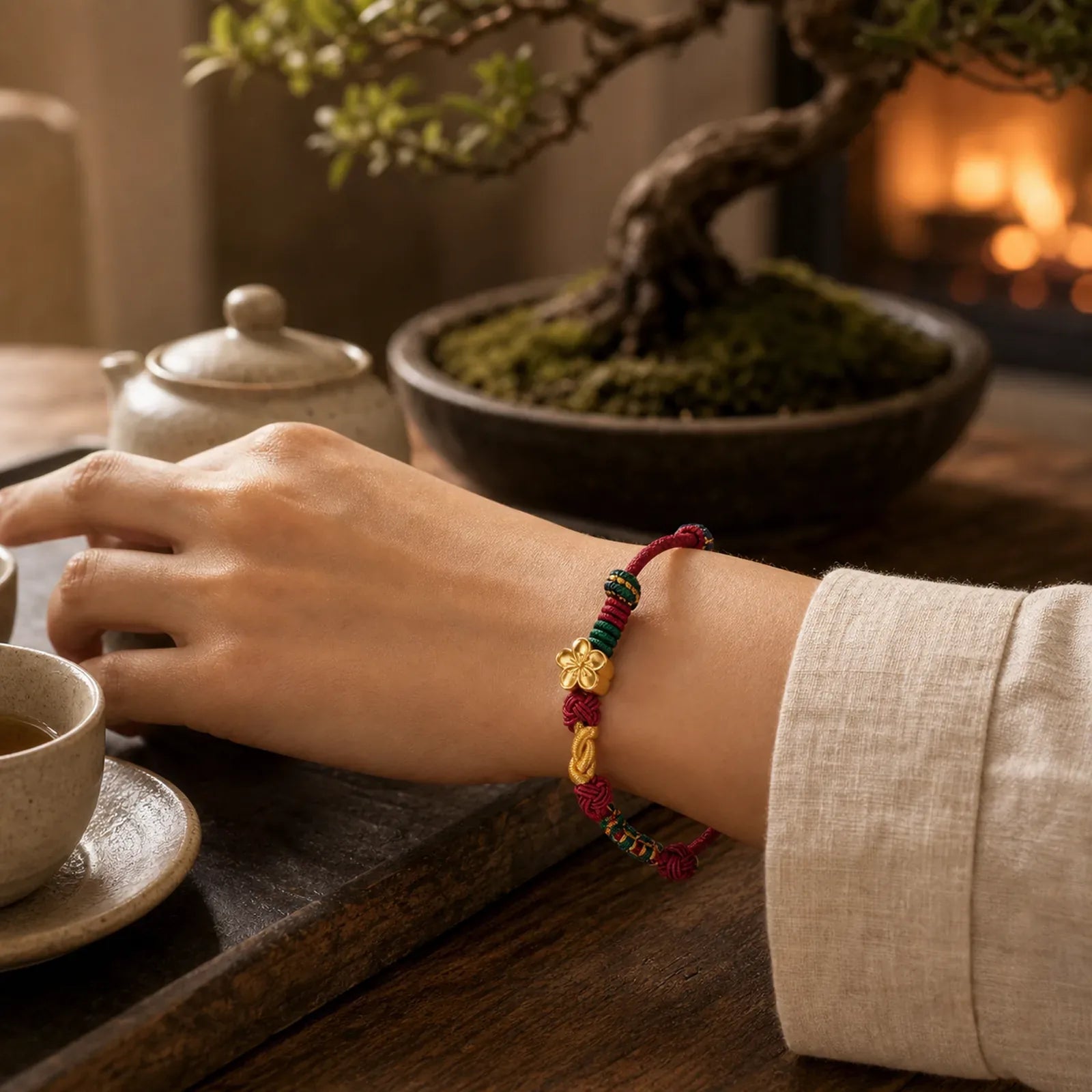 Hand-Woven Multicolor Cord Chinese Knotting Peach Blossom Luck Couple Bracelet featuring Chinese Knotting, Red String, Copper