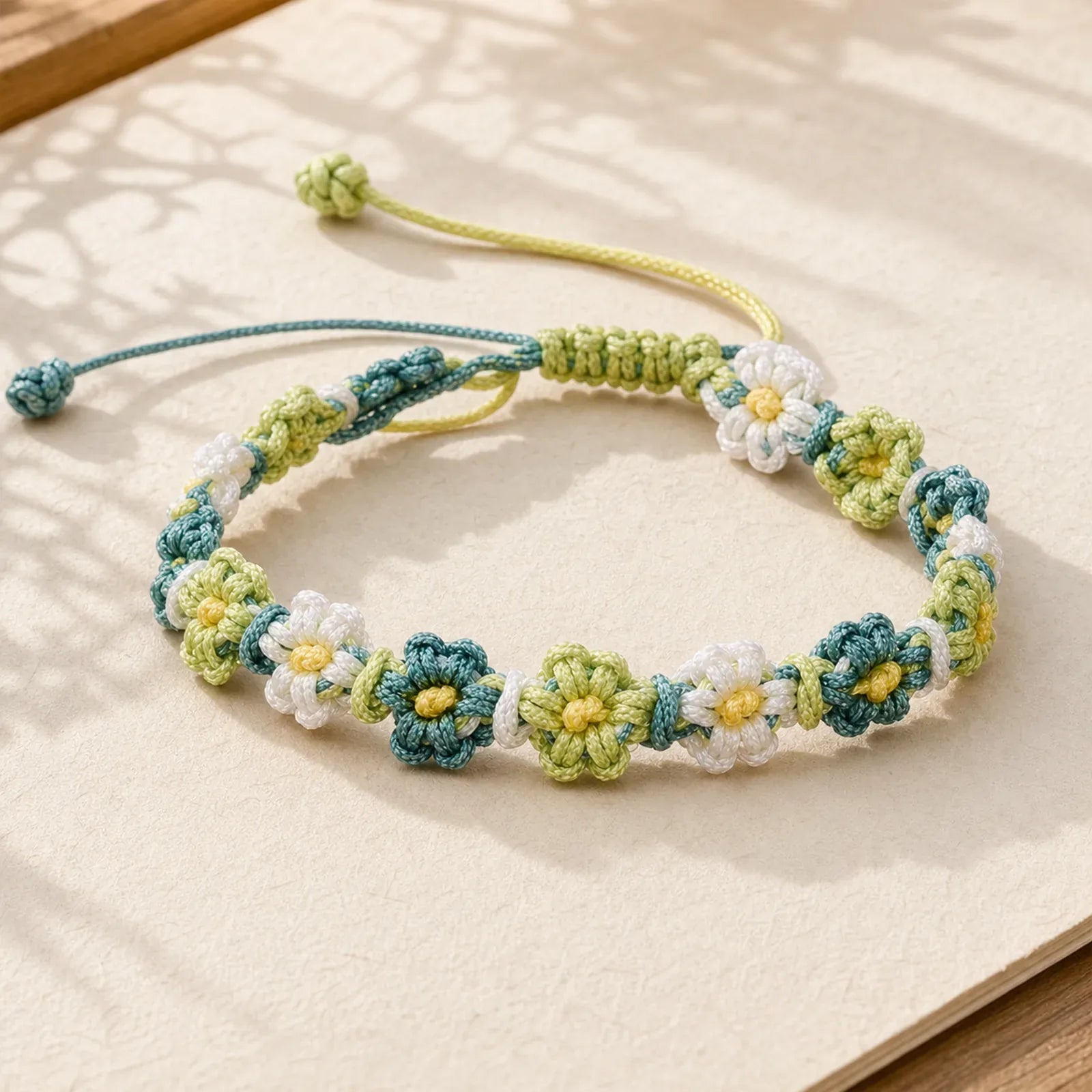 Hand Woven Pastel Daisy Gradient String Bracelet featuring