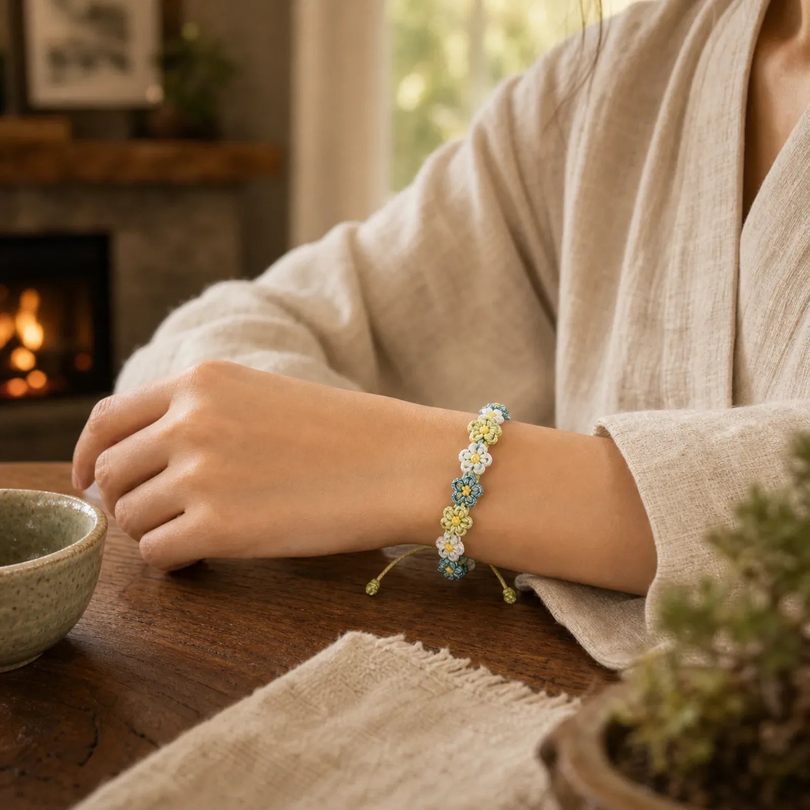 Hand Woven Pastel Daisy Gradient String Bracelet featuring