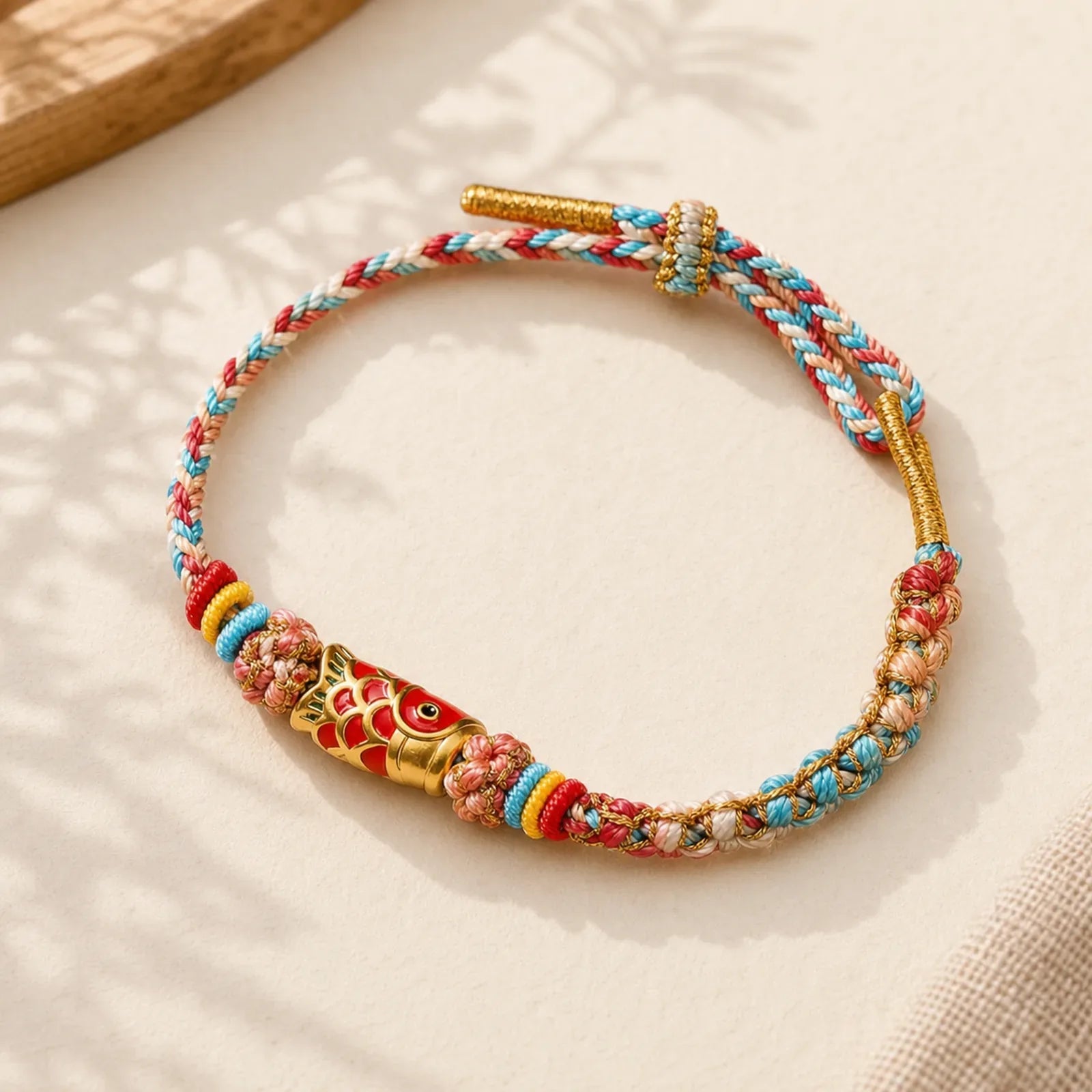 Hand-Woven Peach Blossom Koi Fish Success Rope Bracelet featuring Koi Fish, Red String, Yin Yang Symbol