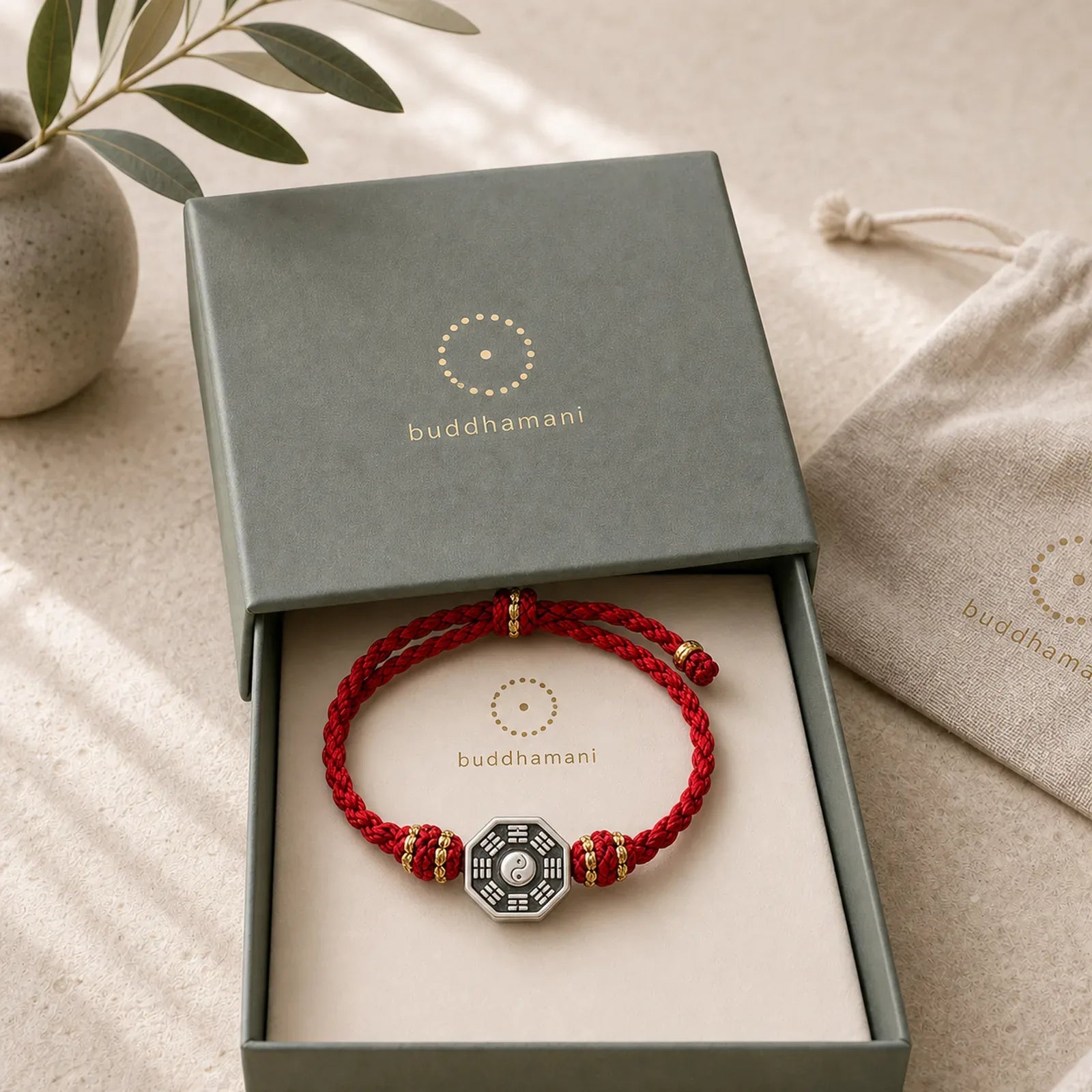 Hand-Woven Red String Bagua Protection Adjustable Bracelet featuring Red String, Bagua, Copper