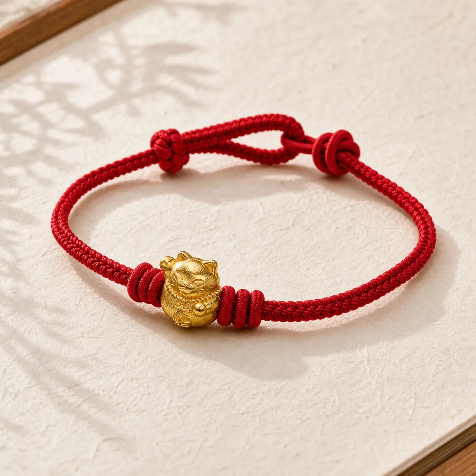 Hand-Woven Red String Copper Lucky Cat Blessing Adjustable Bracelet featuring Red String, Copper