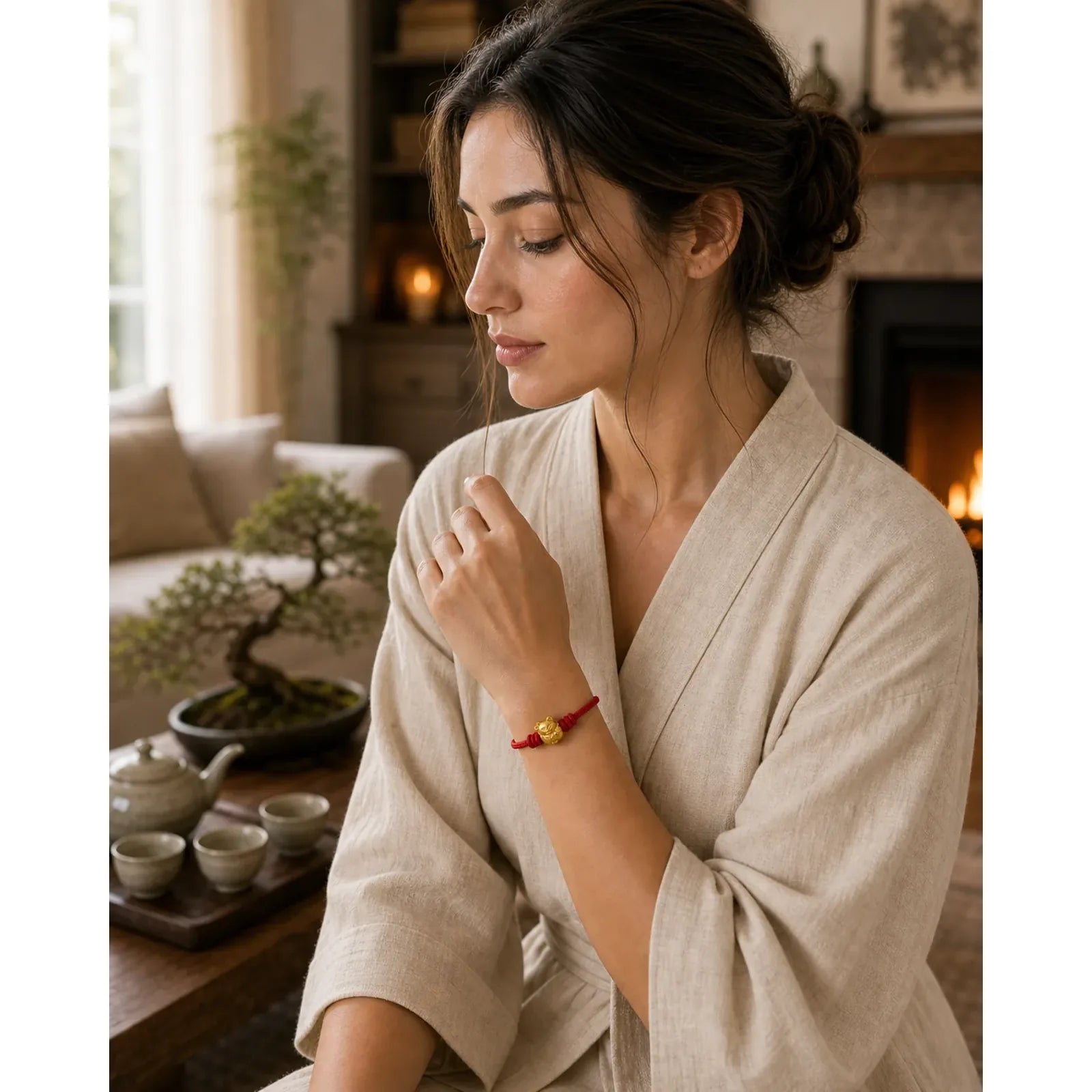 Hand-Woven Red String Copper Lucky Cat Blessing Adjustable Bracelet featuring Red String, Copper