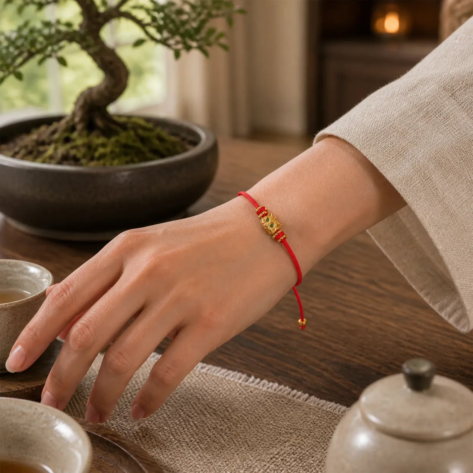 Hand Woven Red String Cute Cat Luck Bracelet featuring Red String, Copper