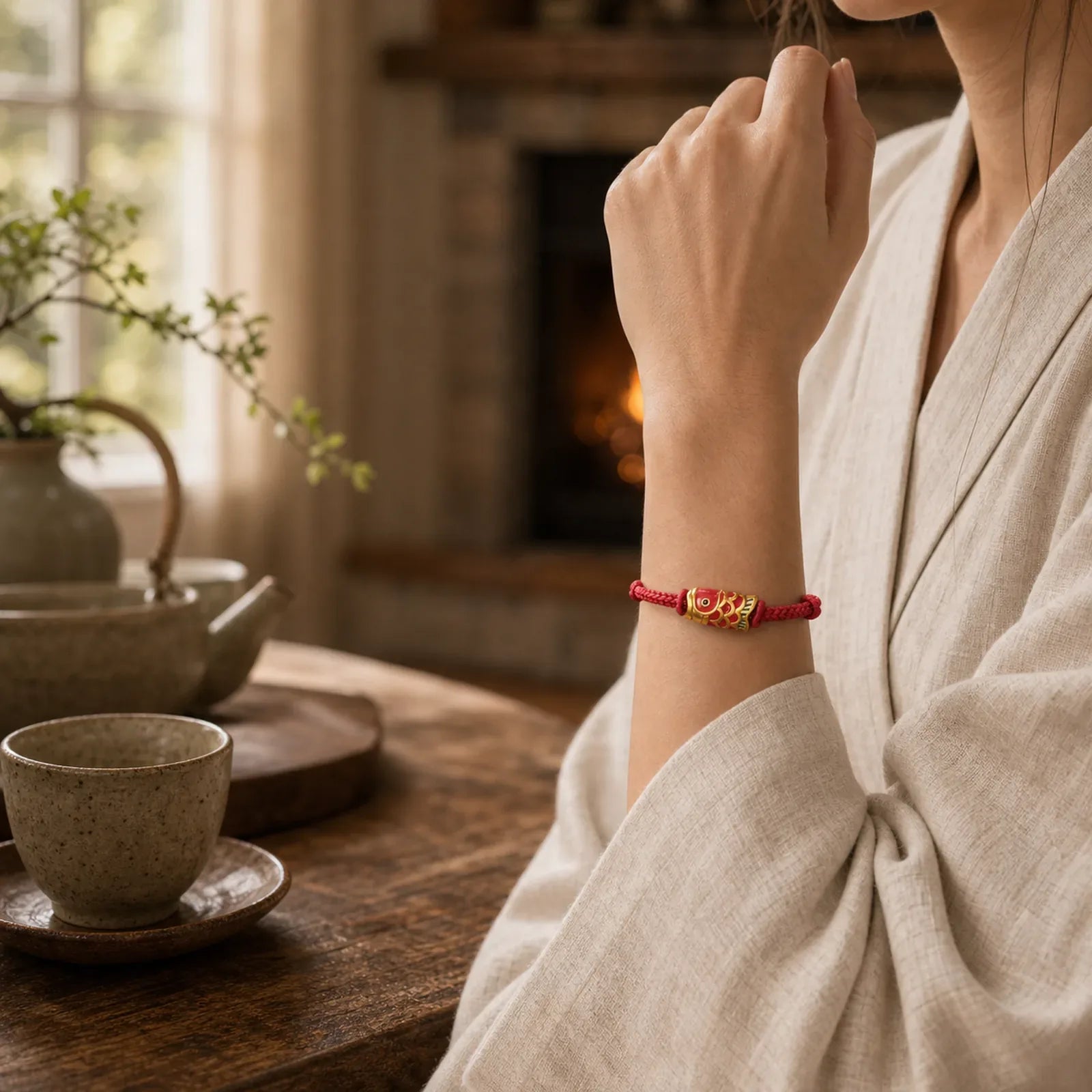 Hand-Woven Red String Koi Fish Strength Adjustable Braided Cord Bracelet featuring Red String, Koi Fish, Yin Yang Symbol