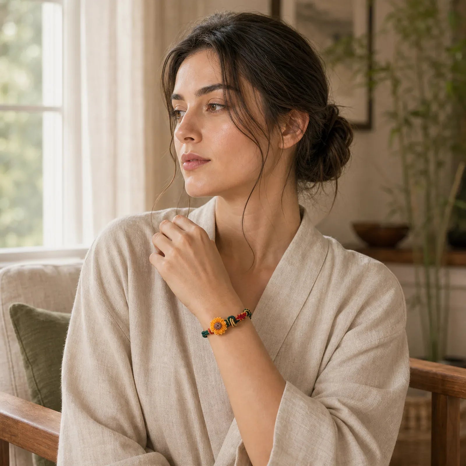 Hand-Woven Red String Peach Blossom Sunflower Luck Bracelet featuring Red String