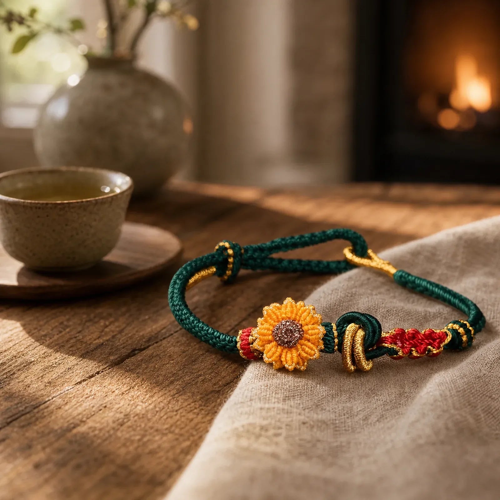 Hand-Woven Red String Peach Blossom Sunflower Luck Bracelet featuring Red String