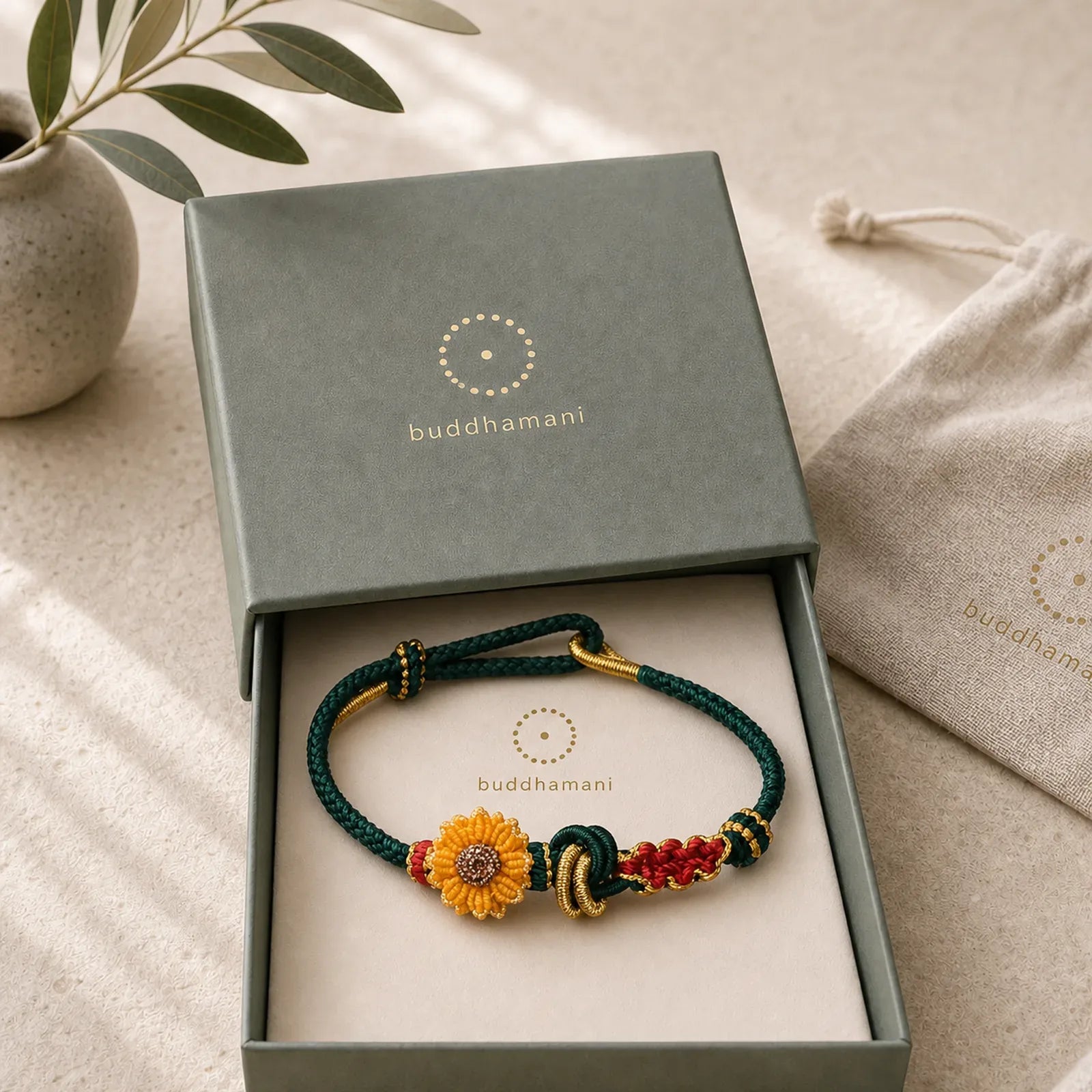Hand-Woven Red String Peach Blossom Sunflower Luck Bracelet featuring Red String