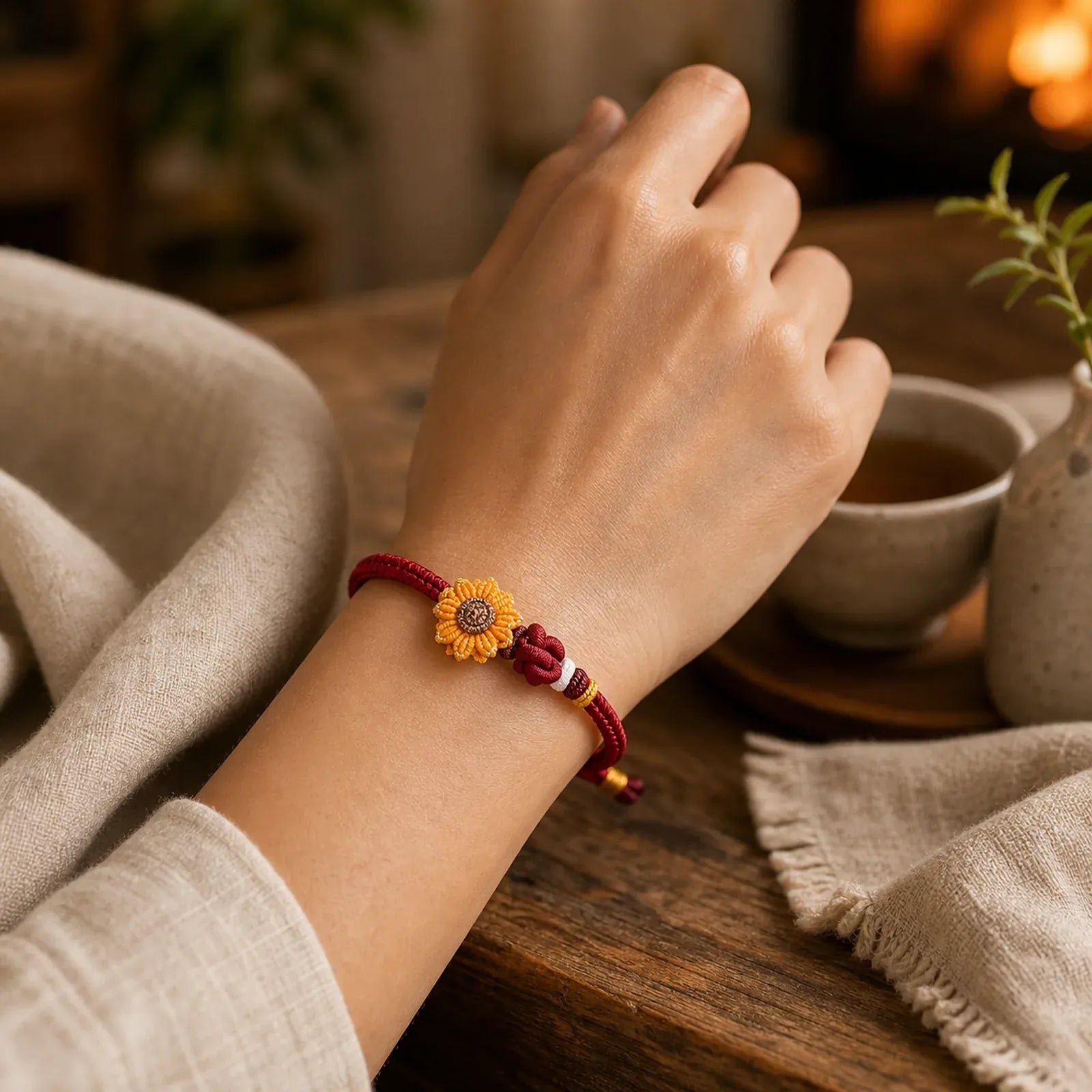 Hand-Woven Red String Sunflower Luck Bracelet featuring Red String, Copper